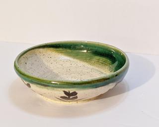 A ceramic bowl filled with vibrant leafy greens and fresh herbs on a wooden table